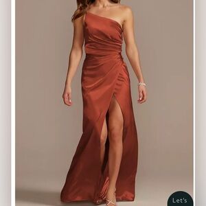 David’s Bridal - CHARMEUSE DRAPED ONE-SHOULDER BRIDESMAID DRESS,CINNAMON, SIZE 2
